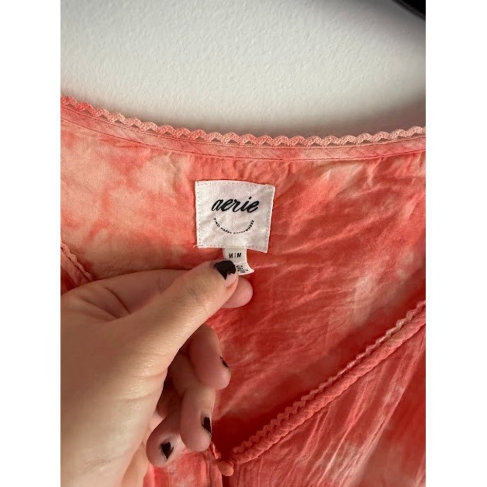 Boho Tie Dye Aerie Smocked Ruffle Mini Dress Womens Medium Coral - Picture 6 of 10